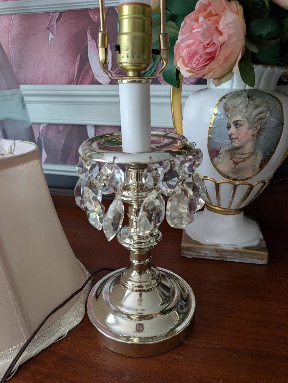 VTG, Set of 2, Regency Crystal Prism Accent, Polished Gold Metal Column LampS